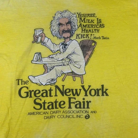 Vintage Screen Stars Mark Twain Great New York State Fair Milk T-Shirt Yellow L - Picture 2 of 8
